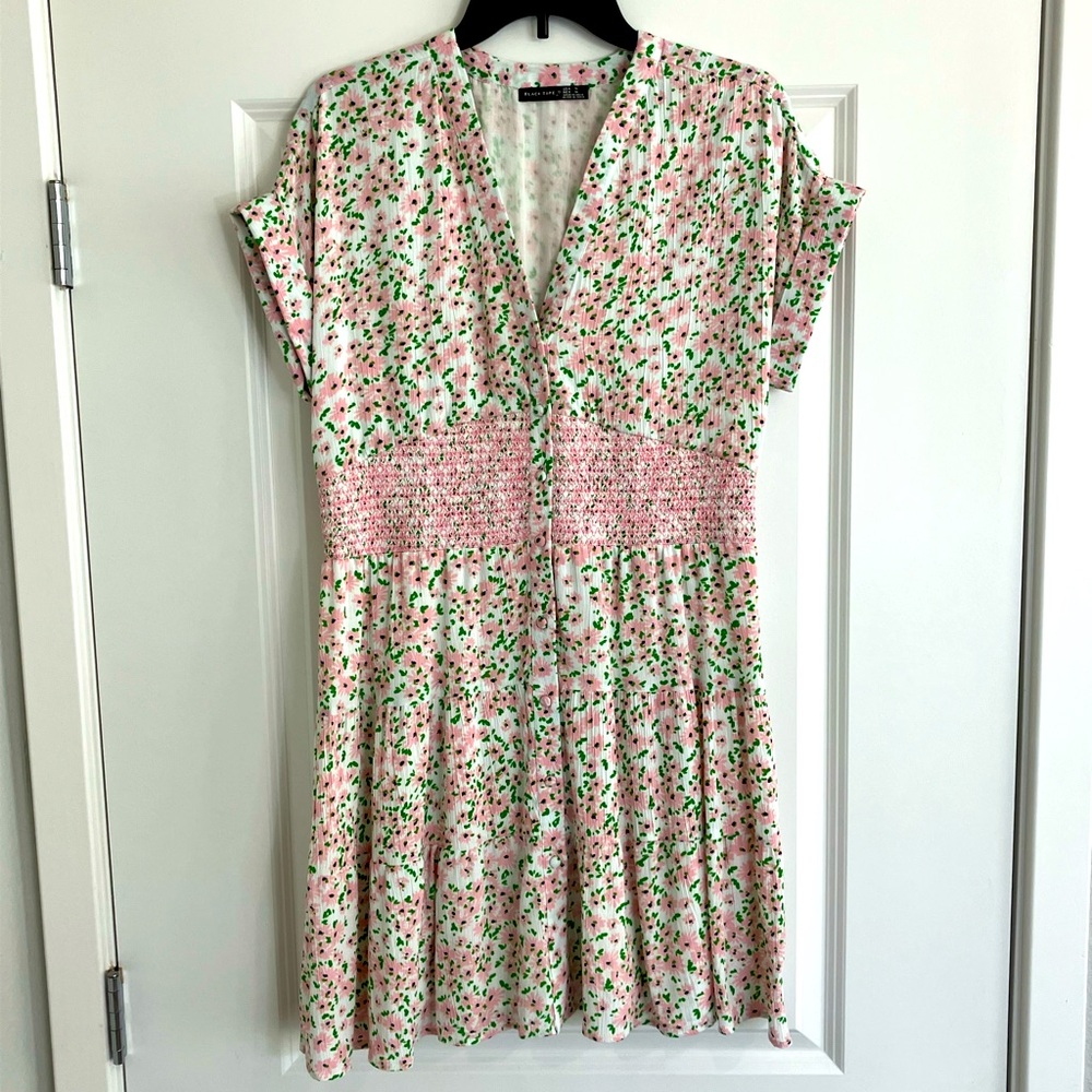 Pink Floral SS V-neck Summer Dress Size M